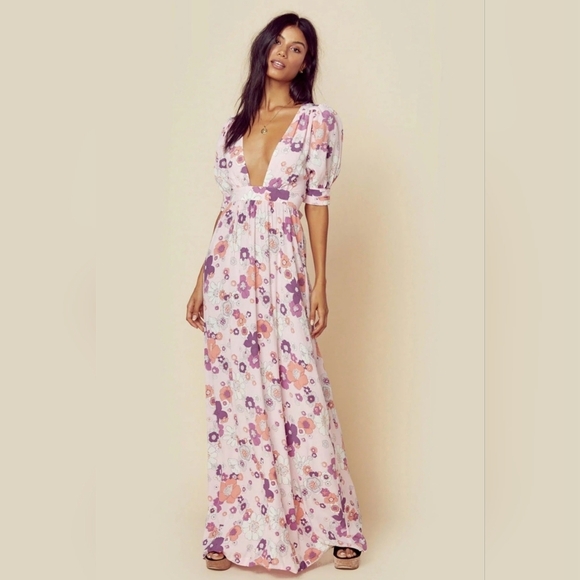 For Love & Lemons Magnolia Maxi Dress In 70’s Pink Floral Print Size XS Fits S - Picture 1 of 13